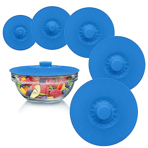 Silicone Bowl Lids Blue Set of 5 Reusable Suction Seal Covers for Bowls (5 Count)