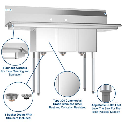 SC101410 12B3 3 Compartment Stainless Steel NSF Commercial Kitchen Sink with Right and Left Drainboards