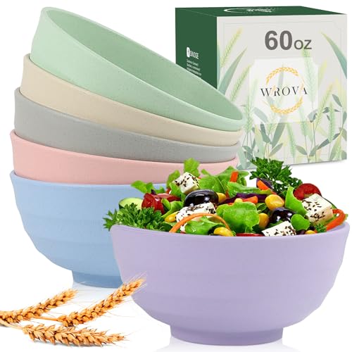 Wheat Straw Bowls Set 60 OZ Unbreakable Large Cereal Bowls Set of 6 Microwave and Dishwasher Safe Bowls Big Bowls for Dorm and Apartment BPA Free Soup Bowl for Serving Oatmeal and Salad Etc… (6 Count)