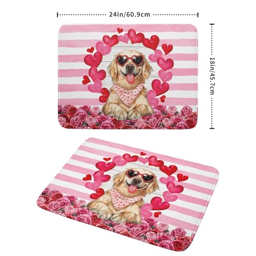 Valentine's Day Dog Dish Drying Mat for Kitchen Counter 18x24 inch Heart Rose Absorbent Dish Drainer Rack Mats for Coffee Bar Countertop