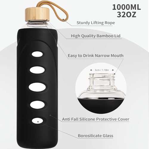 32 oz Narrow Mouth Glass Water Bottle with Windowed Silicone Sleeve