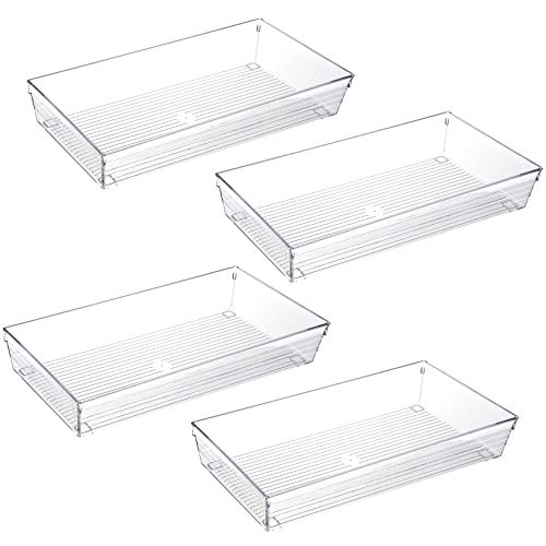 4 Pack 12"x 6" Large Size Clear Plastic Desk Drawer Organizer Tray Bathroom Office Kitchen Utensils Silverware Gadgets Dividers Desk Drawer Storage Bins Container for Dresser Cosmetic Makeup (4 Count)