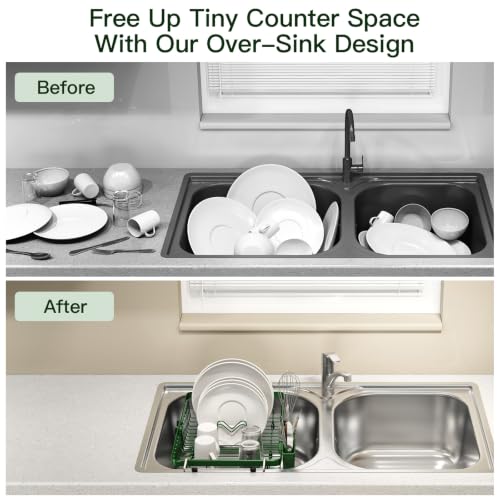 Green Expandable Dish Drying Rack Over The Sink with Anti Slip Grip