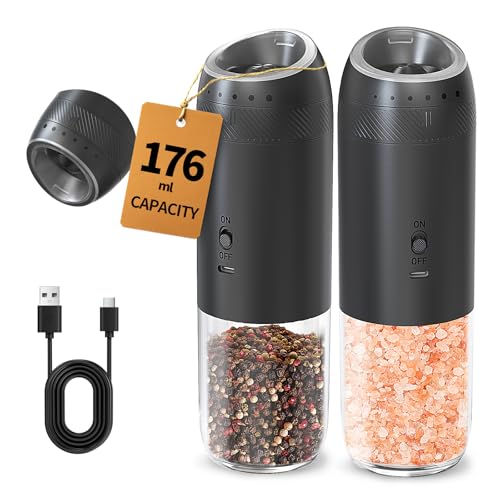Gravity Electric Salt and Pepper Grinder Set Rechargeable Automatic Pepper Mills with External Adjustable Coarseness (2 Count)