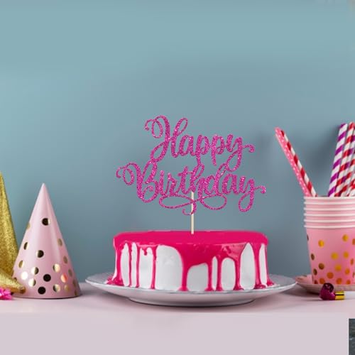 1 PCS Happy Birthday Cake Topper Glitter Happy Birthday Cake Pick for Celebrating Happy Anniversary Party Cake Decorations Supplies Rose Red
