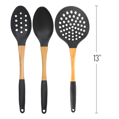 3pc Grey Nylon Cooking Spoons Kitchen Utensils Set with Wooden Handle High Heat Resistance