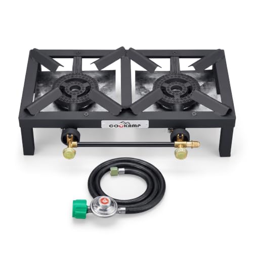 Propane Double Burner Angle Iron Camp Stove with CSA Listed Regulator and 4ft Hose