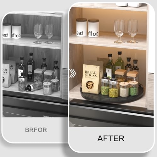 16 Inch Oak Lazy Susan Organizer with Black Metal Rail