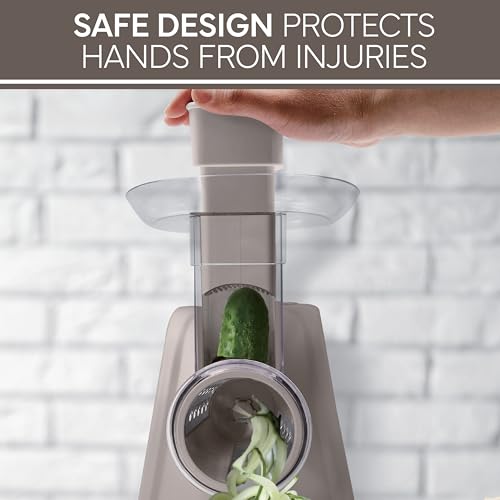 5-in-1 Electric Slicer, 150W Food Prep Machine – Parmesan Shredder, Fine & Coarse Graters, Potato Grater, Vegetable Slicer, Compact Design for Bowl Prep, Warm Grey