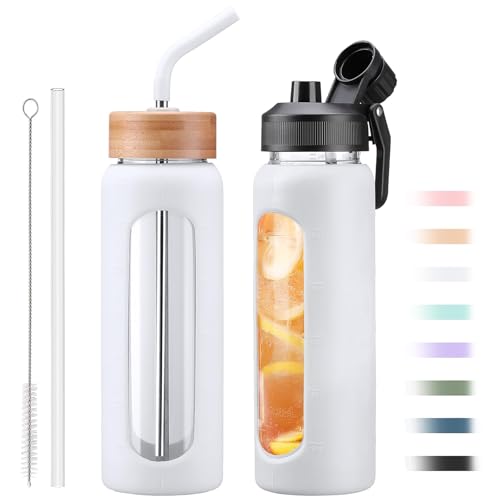 24oz Glass Water Bottle with Straw and 2 Lids