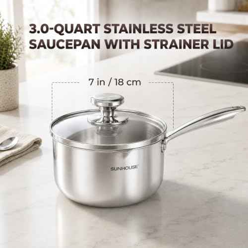 3QT Stainless Steel Saucepan with Pour Spout & Strainer Glass Lid