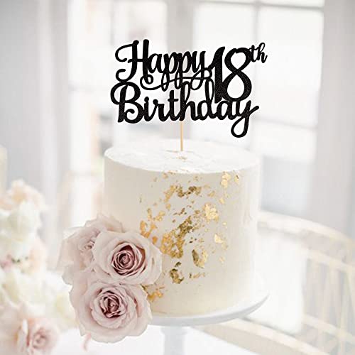 1 PCS Happy 18th Birthday Cake Topper Glitter Cheers to 18 Years Birthday Cake Pick 18 Fabulous Cake Decoration for Happy 18th Birthday Theme Party Decorations Supplies Black