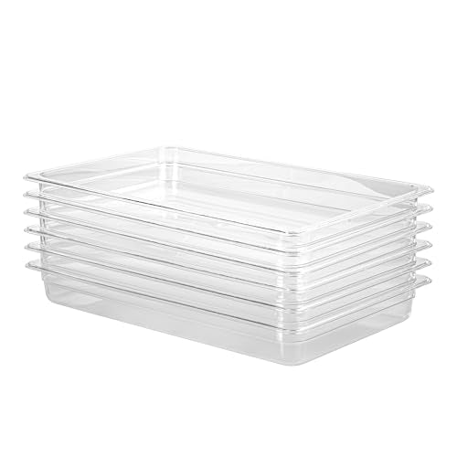 Polycarbonate Full Size Food Pans 6 Pack BPA Free 2.5 Inch Deep Pan Freezer Safe Stackable Clear Food Storage Containers for Kitchen Party Supplies and Prep Table (6 Count)