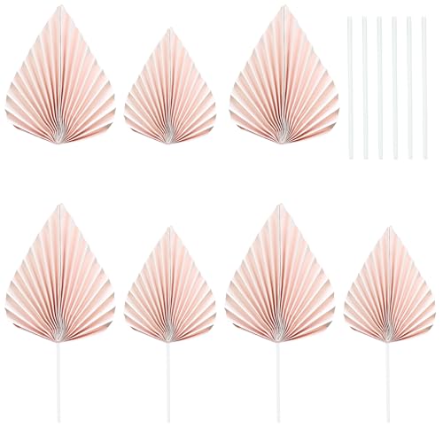 6Pcs Paper Palm Fan Cake Toppers Palm Leaf Fan Cake Topper Palm Spear Leaf Cupcake Toppers Cake Insert Decoration For Cake Decorating Diy Craft Project Home Wedding Party Supplies Pink (6 Count)