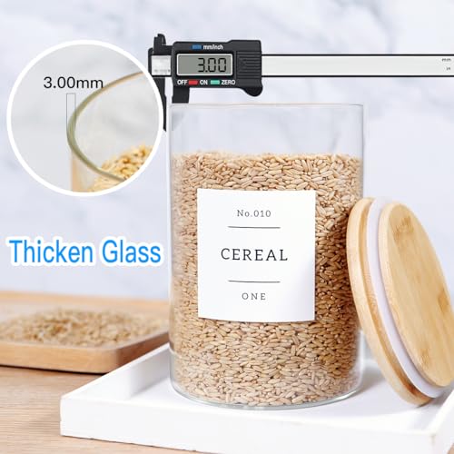 3 Pcs Glass Canisters with Airtight Bamboo Lids and 42 Kitchen Pantry Labels Preprinted