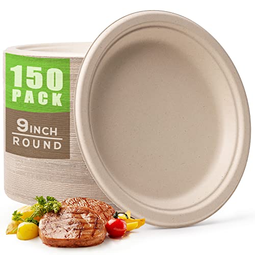 100% Compostable Plates 9 Inch 150 Pack Disposable Plates Heavy (150 Count)