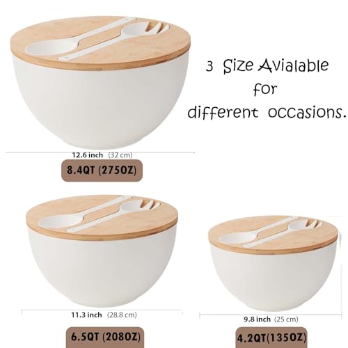 10” Bamboo Fiber Large Salad Serving Bowl Set with Wooden Lid & Servers