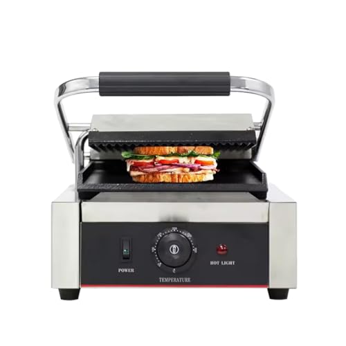 Commercial Panini Press With Grooved Grill Sandwich Maker Machine Electric Contact Grill Single