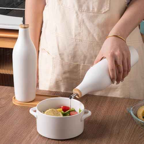 Sweejar Matte Ceramic Olive Oil Dispenser Bottles with Bamboo Tray