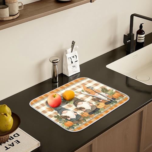 Fall Pumpkin Gnomes Maple Leaves Autumn2 Dish Drying Mat for Kitchen Counter Absorbent Microfiber Small Drying Pad Dish Mats for Kitchen Countertops 16 x 18 Inch