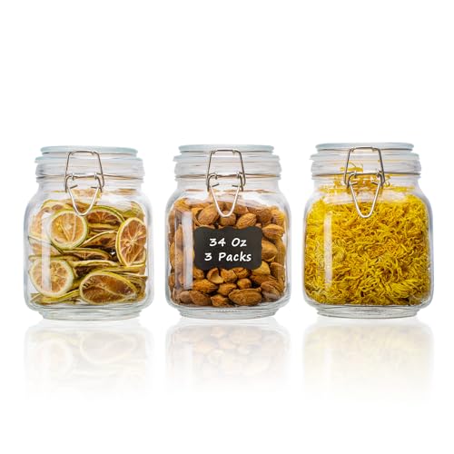 34oz Square Glass Food Storage Jars with Airtight Clamp Lids 3 Pack (3 Count)