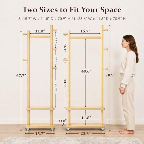 Coat Rack Freestanding Solid Wood Clothes Rack with Wheels