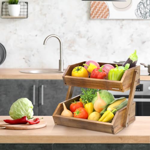 2 Tier Acacia Wood Fruit Basket for Kitchen