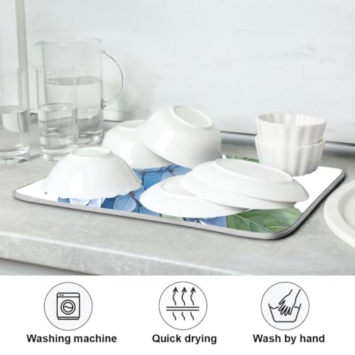 Blue Hydrangeas Flower Dish Drying Mat for Kitchen Counter Absorbent Microfiber Drying Pad