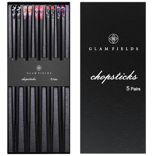 5 Pairs Premium Chopsticks Reusable Dishwasher Safe 9.5 Inch Fiberglass Chop Sticks Gift Set Hexagon Black Non Slip with the Printed Tops (5 Count)