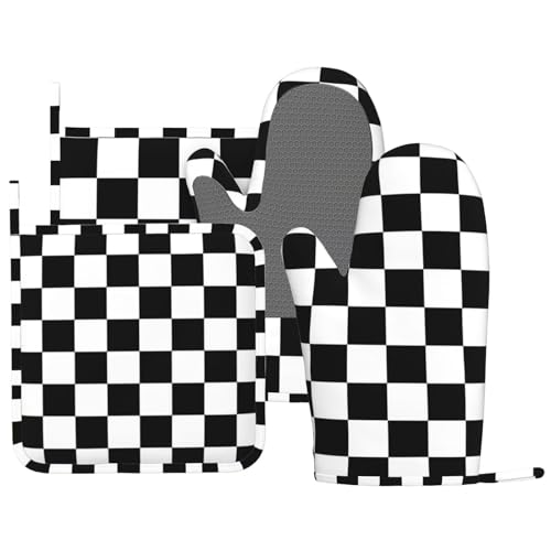 Black White Check Plaid Oven Mitts and Pot Holders Sets Silicone Black and White Checkered Plaid Kitchen Mitts Potholders Heat Resistant 4Pcs Oven Gloves Hot Pads for Cooking Grilling (4 Count)