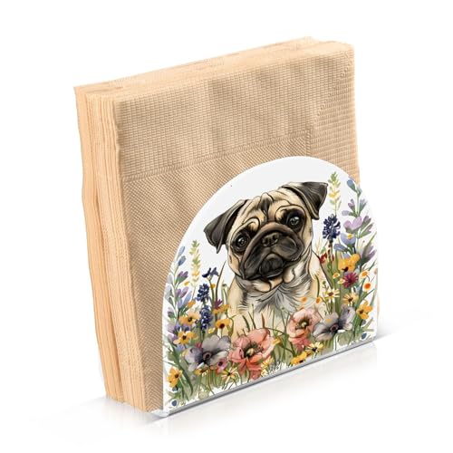 Pug Dog Wild Flowers Napkin Holder for Table Paper Napkins Holder Acrylic Tissue Dispenser Kitchen Dining Room Bathroom Party Car Decor