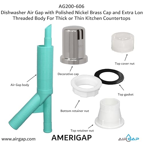 Dishwasher Air Gap with Skirted Polished Nickel Brass Cap and Extra Long Threaded Body for Thick or Thin Kitchen Countertops