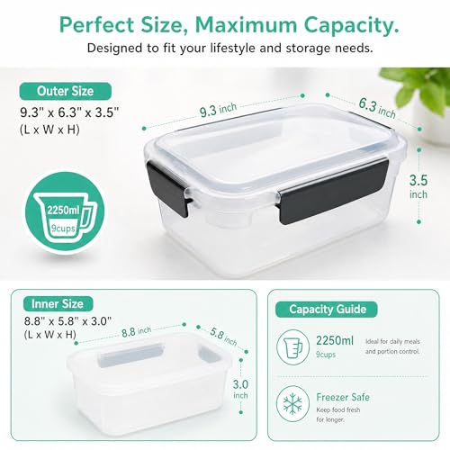 9 cup Plastic Food Storage Containers with Lids Nestable Freezer Dishwasher Safe Rectangle Meal Prep Container Set