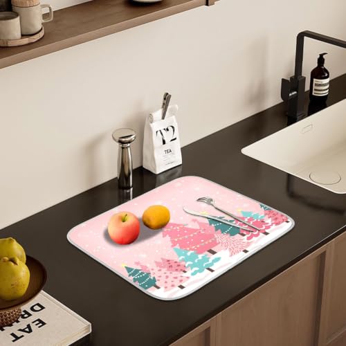 Christmas Tree Pink Dish Drying Mat for Kitchen Counter Absorbent Microfiber Small Drying Pad Winter White Snowflake Xmas Dish Mats for Kitchen Countertops 16 x 18 Inch