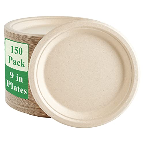 150 Pack Paper Plates 9 inch 100% Compostable (150 Count)