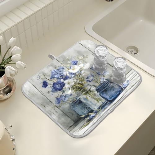 Vintage Blue White Flower Jars3 Dish Drying Mat for Kitchen Counter Absorbent Microfiber Small Drying Pad Dish mats for Kitchen Countertops 16 x 18 Inch