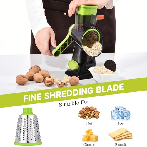Rotary Cheese Grater with Handle Kitchen Shredder Slicer Grater Slicer Ice Shaver Cheese Vegetable Nuts Potato Zucchini Chocolate 3 Interchangeable Blades