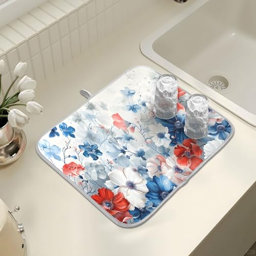 4th of July Patriotic Blue Red White Flowers Dish Drying Mat for Kitchen Ccounter Absorbent Microfiber Small Independence Day Drying Pad Dish Mats for Kitchen Countertops 16 x 18 Inch