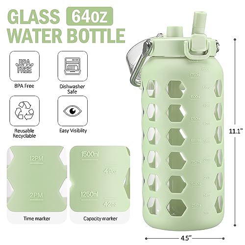 64oz Glass Water Bottle with Straw and Lid
