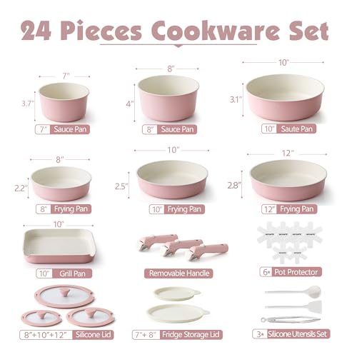 24 Piece Ceramic Detachable Handle Pots and Pans Set Pink