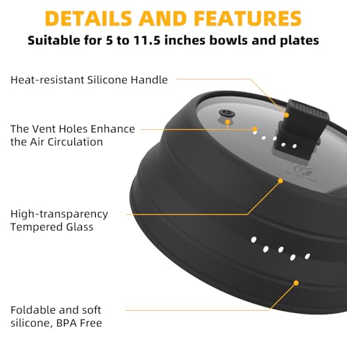 Tall Microwave Splatter Cover Glass Cover Guard Lid 5.8 inch Height with Collapsible Silicone for Food Pot Plate 8.5 inch Black
