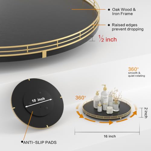 16 Inch Oak Lazy Susan Organizer with Gold Rail and Black Finish