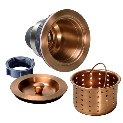 3/1-2 Inch Sink Drain Assembly Antique Copper Kitchen Sink Drain Kit Copper Stainless Steel Sink Basket Strainer Rubber Stopper, Sealing Lid/Removable Deep Waste Basket for Home, Kitchen
