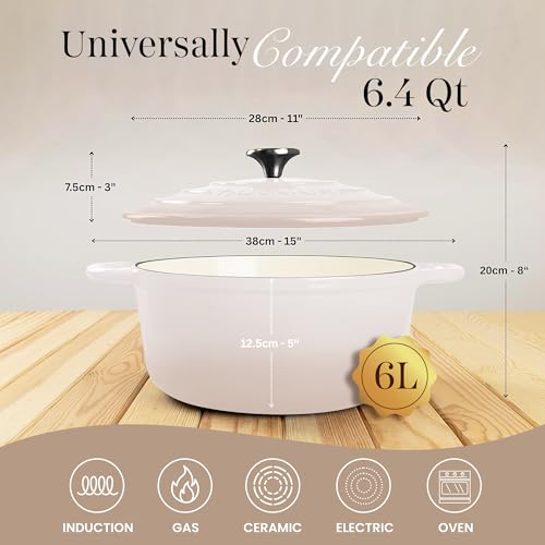 Enamelled Cast Iron Dutch Oven Pot with Lid 6.4 Quart Non Stick Casserole Pot