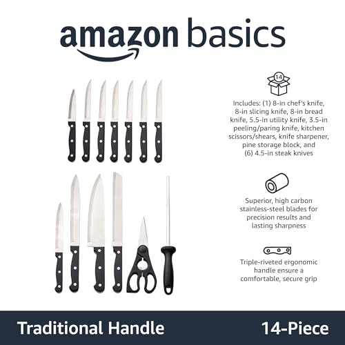 14 Piece High Carbon Stainless Steel Kitchen Knife Set with Full Tang Construction (14 Count)