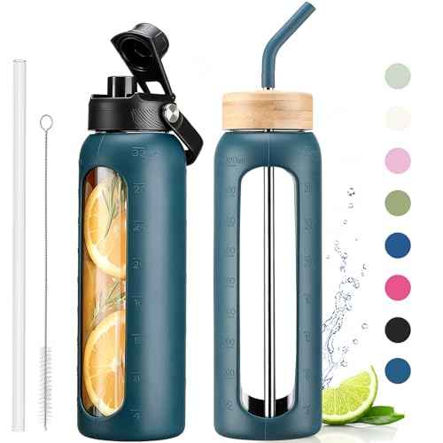 32 oz Glass Water Bottle with Straw and 2 Lids