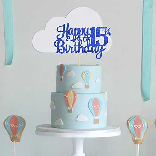 1 PCS Happy 15th Birthday Cake Topper Glitter Cheers to 15 Years Birthday Cake Pick Mis Quince 15 Fabulous Cake Decoration for Happy 15th Birthday Theme Party Decorations Supplies Blue