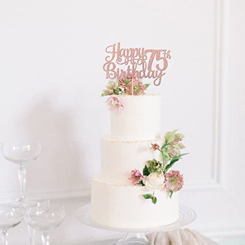 1 PCS Happy 75th Birthday Cake Topper Glitter Cheers to 75 Years Birthday Cake Pick 75 Fabulous Cake Decoration for Happy 75th Birthday Theme Party Decorations Supplies Rose Gold