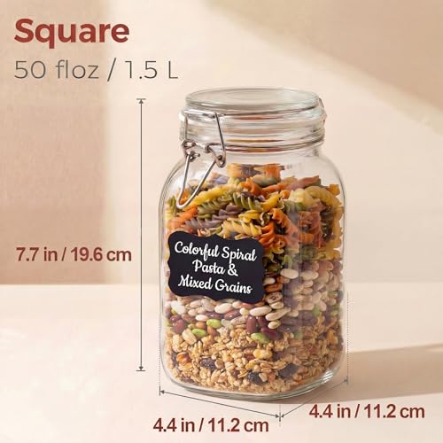 50oz Large Square Glass Jars with Airtight Lids (3 Count)