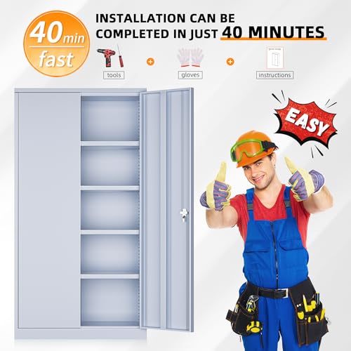 Metal Storage Cabinets 72” Cement Grey Garage Steel Storage Cabinet with Doors and Shelves